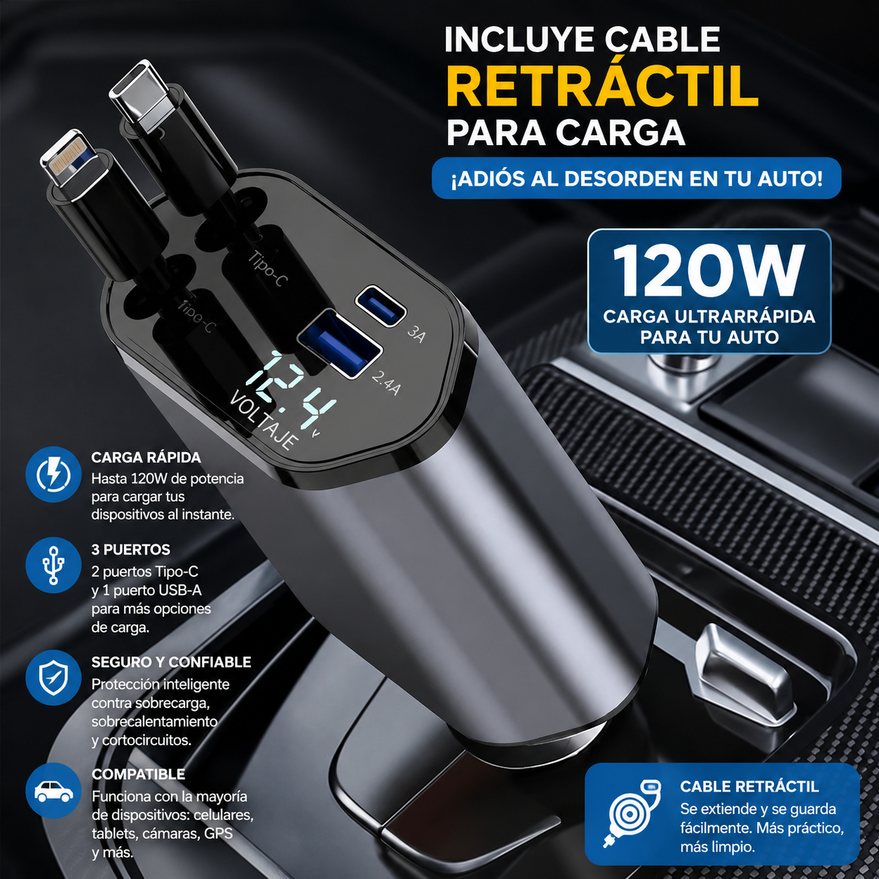 Cargador de Auto 4 en 1 – Carga Rápida QC3.0 para iPhone y Android