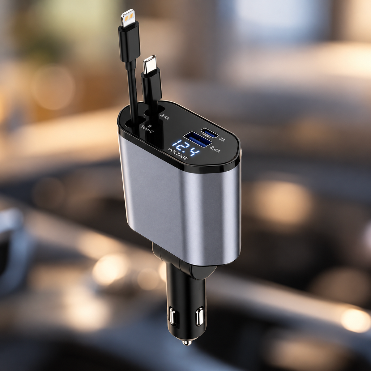 Cargador de Auto 4 en 1 – Carga Rápida QC3.0 para iPhone y Android