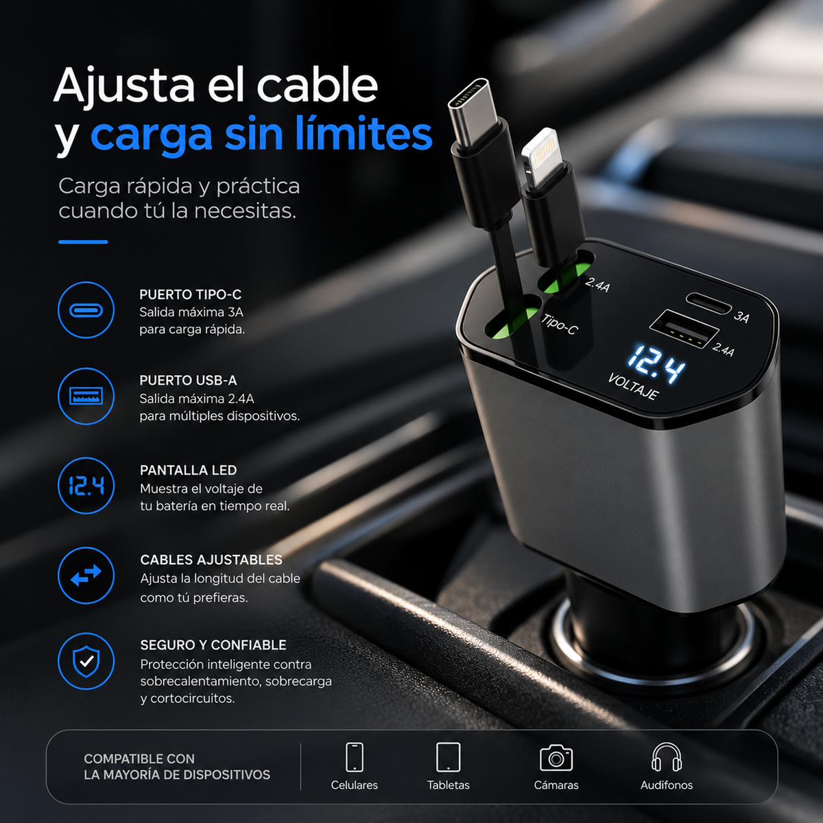 Cargador de Auto 4 en 1 – Carga Rápida QC3.0 para iPhone y Android
