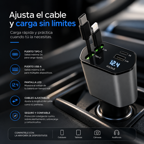 Cargador de Auto 4 en 1 – Carga Rápida QC3.0 para iPhone y Android