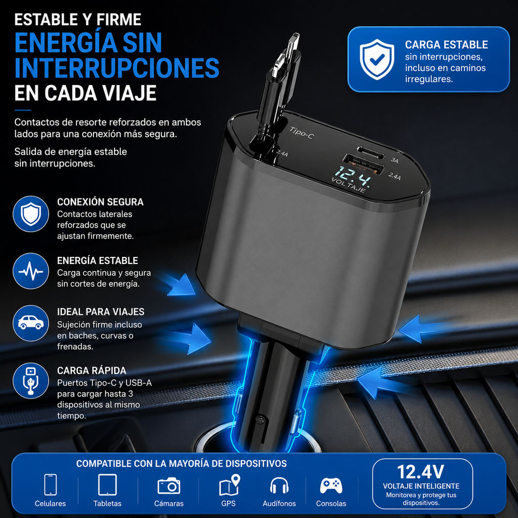 Cargador de Auto 4 en 1 – Carga Rápida QC3.0 para iPhone y Android