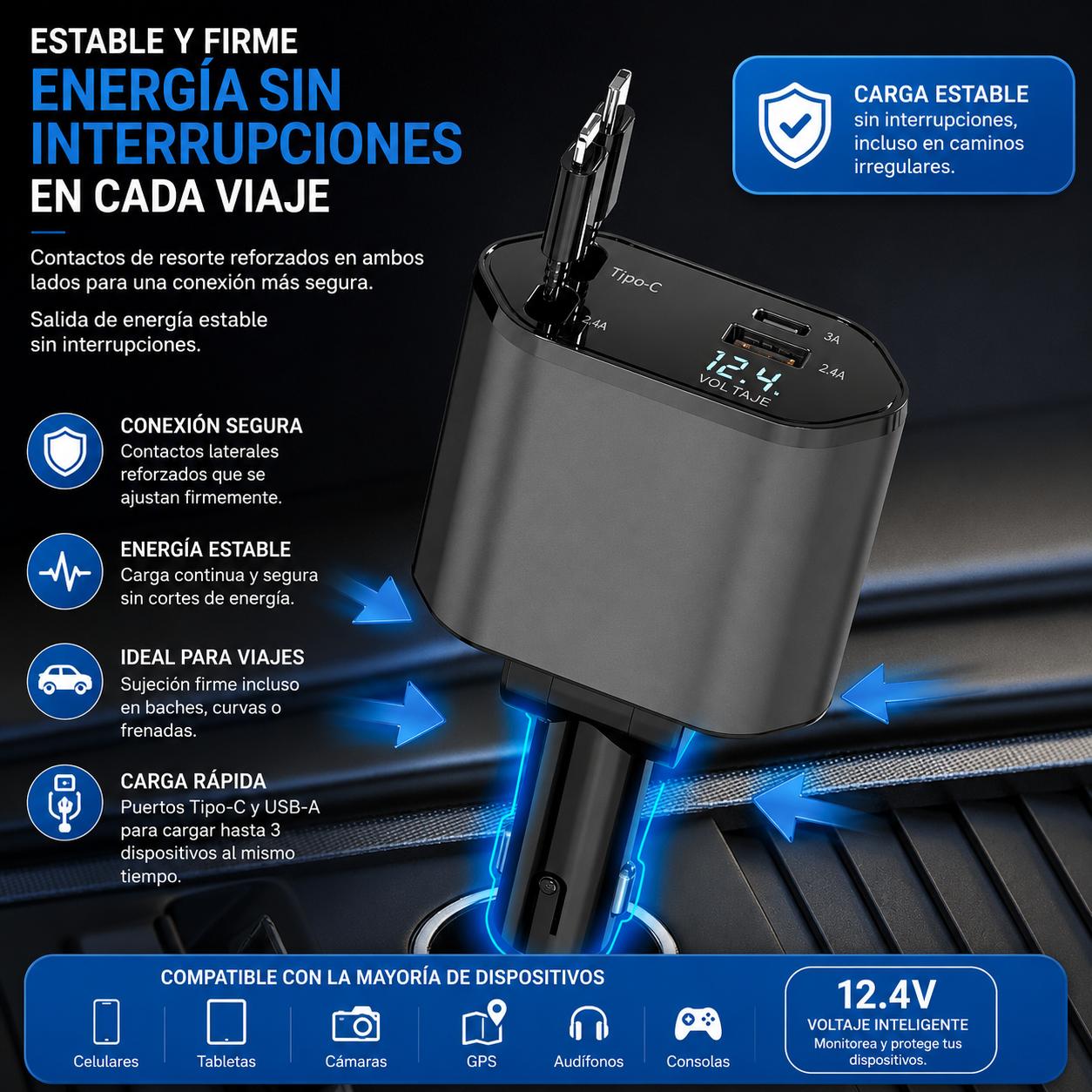 Cargador de Auto 4 en 1 – Carga Rápida QC3.0 para iPhone y Android
