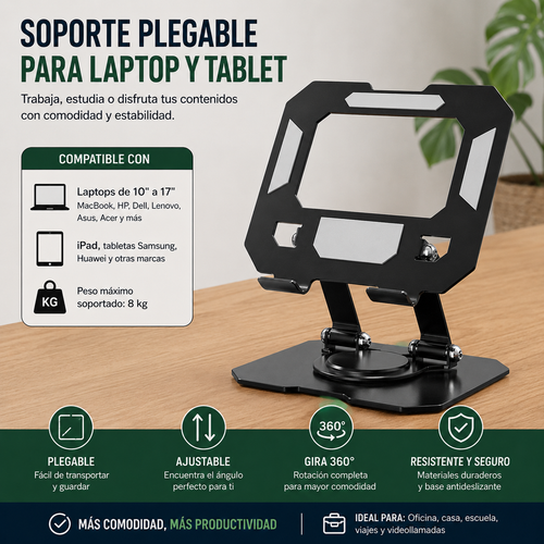 Soporte para Laptop y Tableta – Ajustable, Plegable y con Disipación de Calor