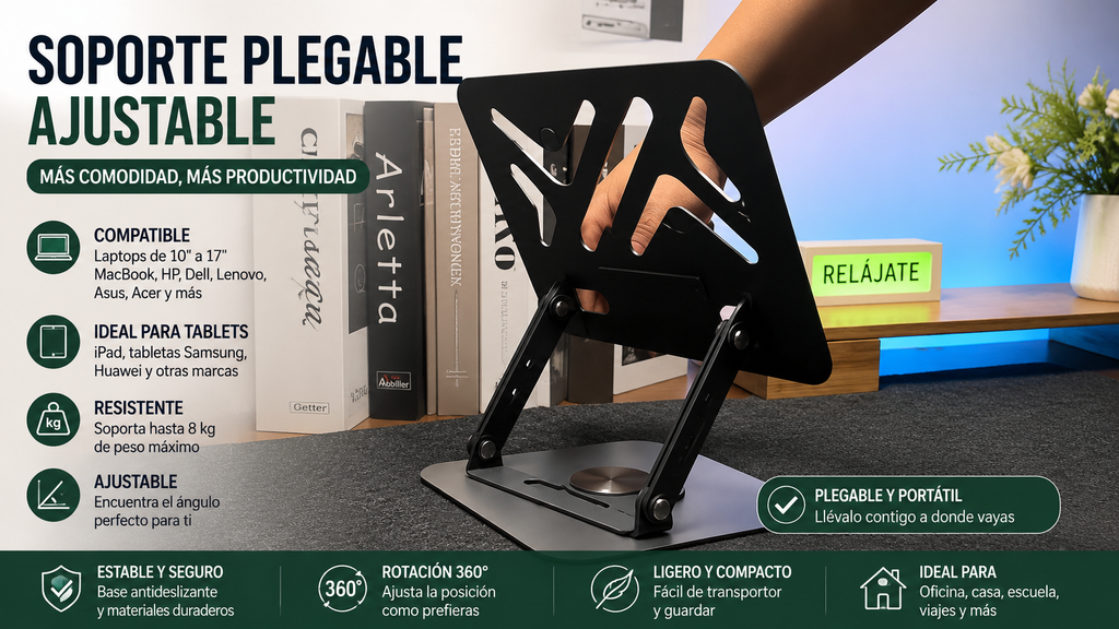 Soporte para Laptop y Tableta – Ajustable, Plegable y con Disipación de Calor