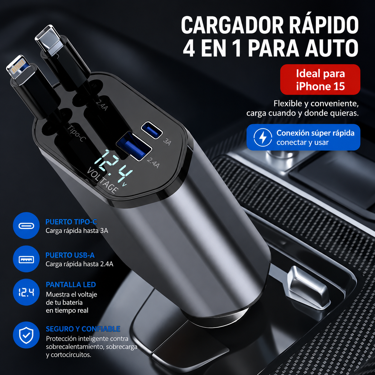 Cargador de Auto 4 en 1 – Carga Rápida QC3.0 para iPhone y Android