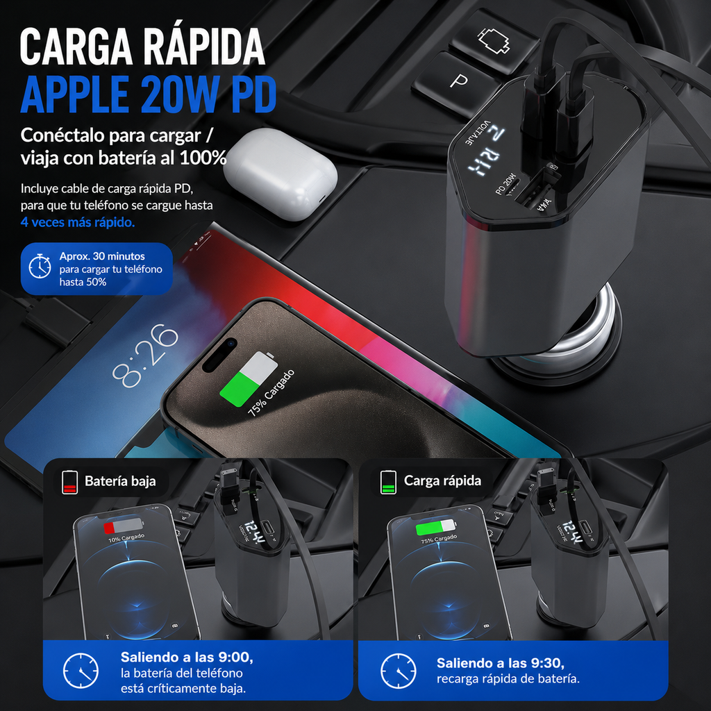 Cargador de Auto 4 en 1 – Carga Rápida QC3.0 para iPhone y Android